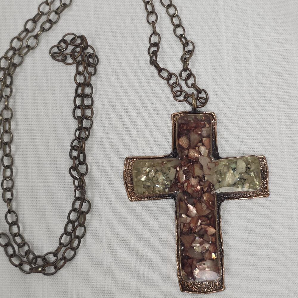 Copper Cross Pendant Necklace Crushed Stone Inlay Handmade Religious